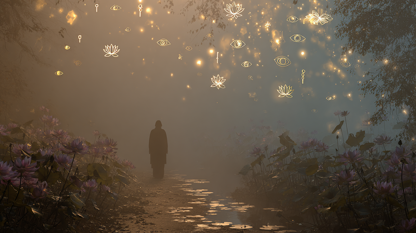 Mystical figure on a foggy forest path between shadow and light, symbolizing the journey toward spiritual awakening.