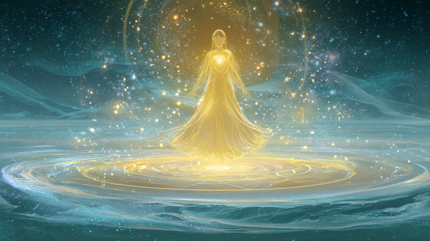 Mystical woman radiating golden energy, symbolizing magnetic attraction of love and success in a celestial setting.