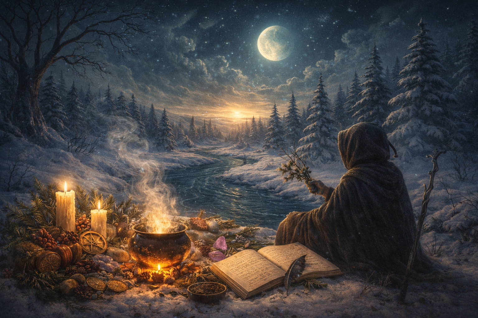 person in cloak sitting at side of river doing a ritual