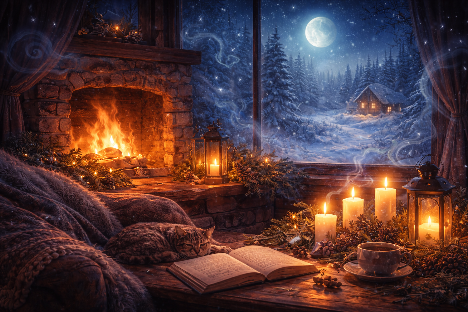 cozy fireplace on a cold winter night