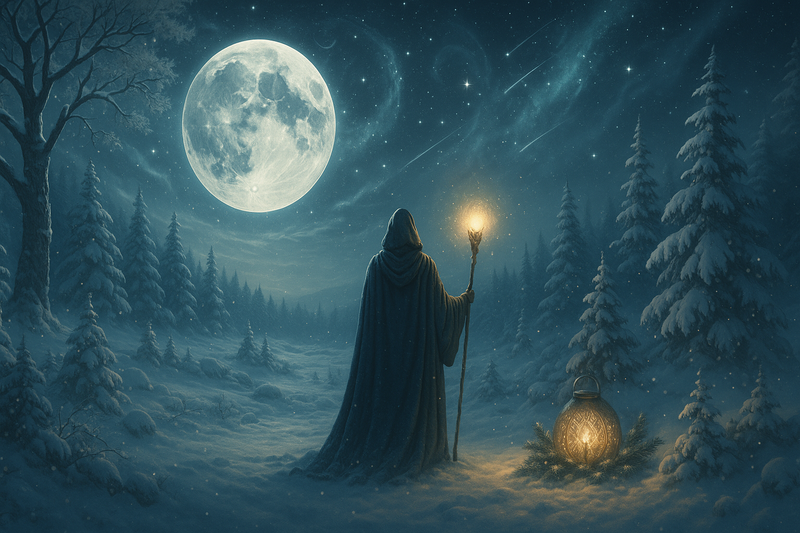 man in cloak in winter forest with full moon