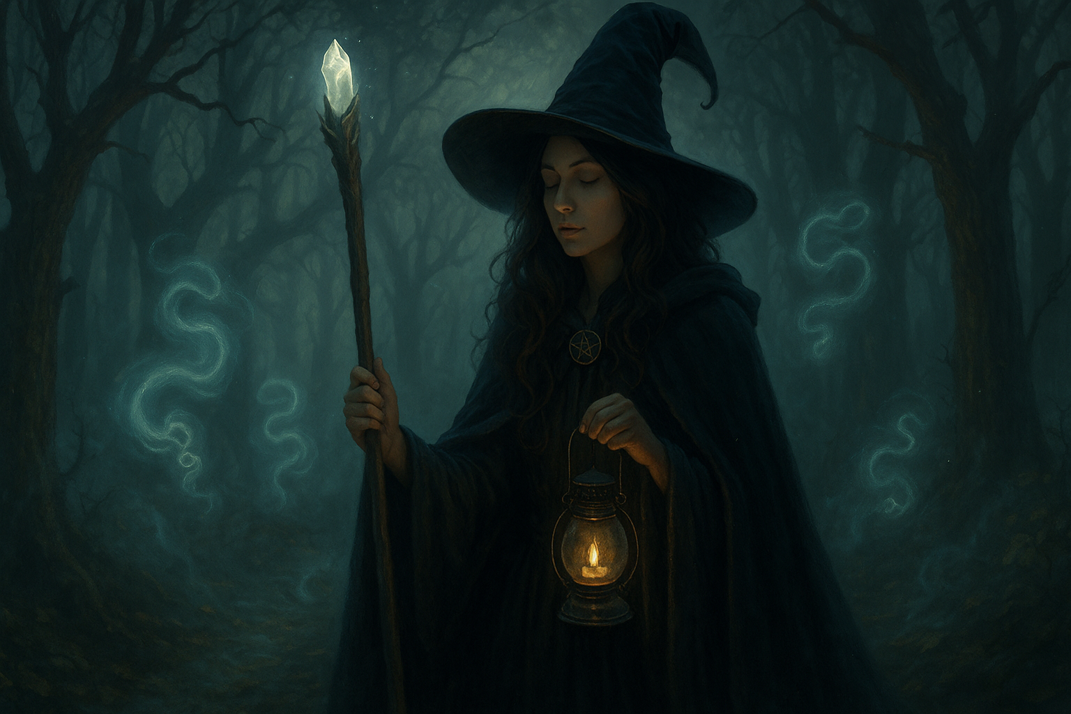 witch on blue background