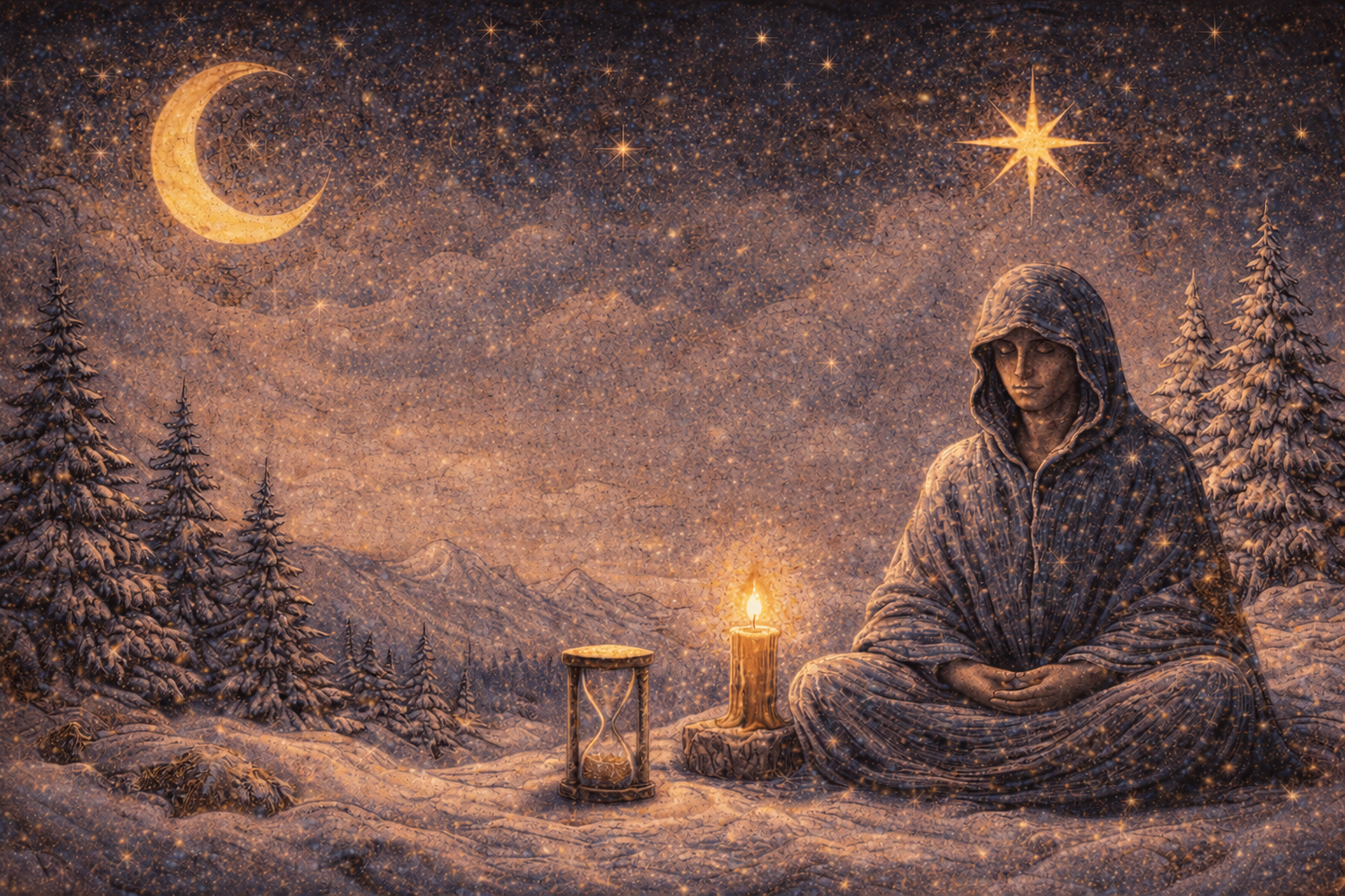 sitting in cold winter wrapped in cloak