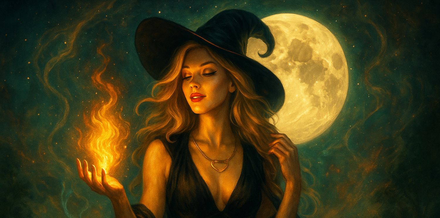 hot witch with fire in hand in front of moon