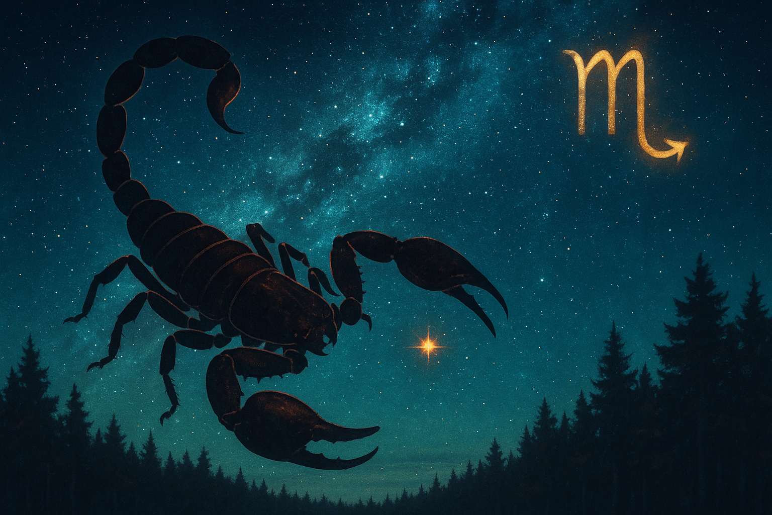 An ethereal digital painting of the Scorpio constellation glowing in a deep November night sky. 