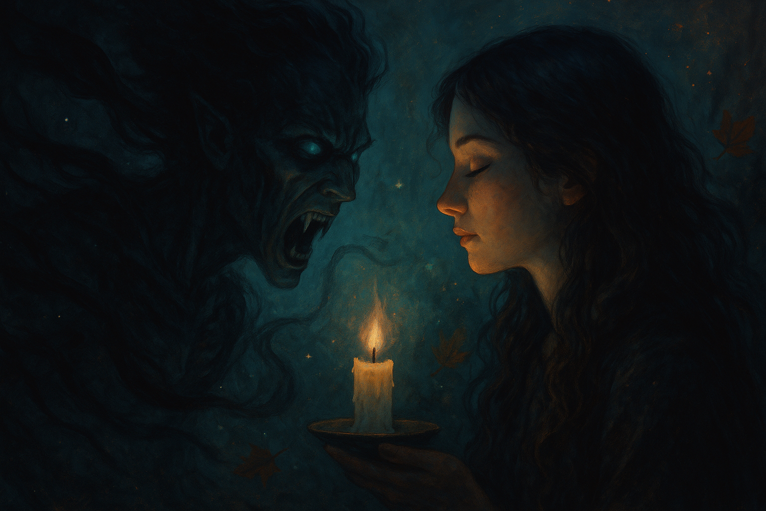 A mystical digital painting depicting an ethereal figure being approached by a shadowy, ghost-like energy vampire in a foggy forest. 