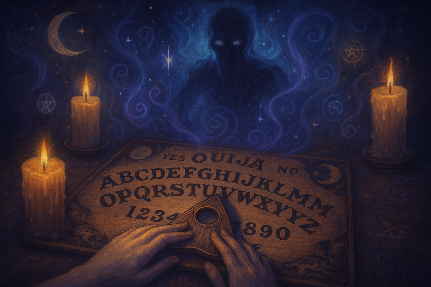 A dimly lit séance room with a glowing Ouija board at the center.