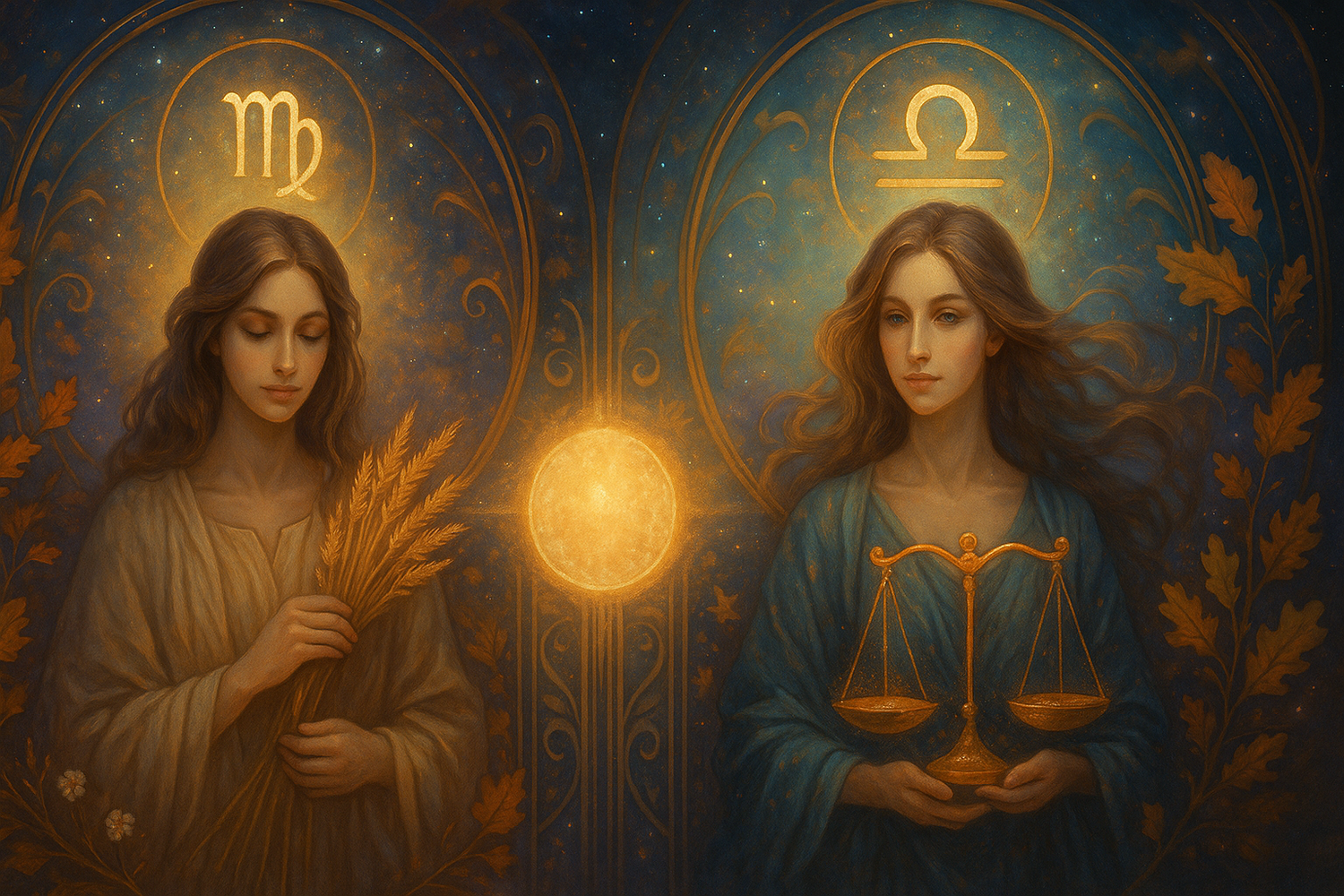 Virgo and Libra symbolism in a celestial autumn setting.