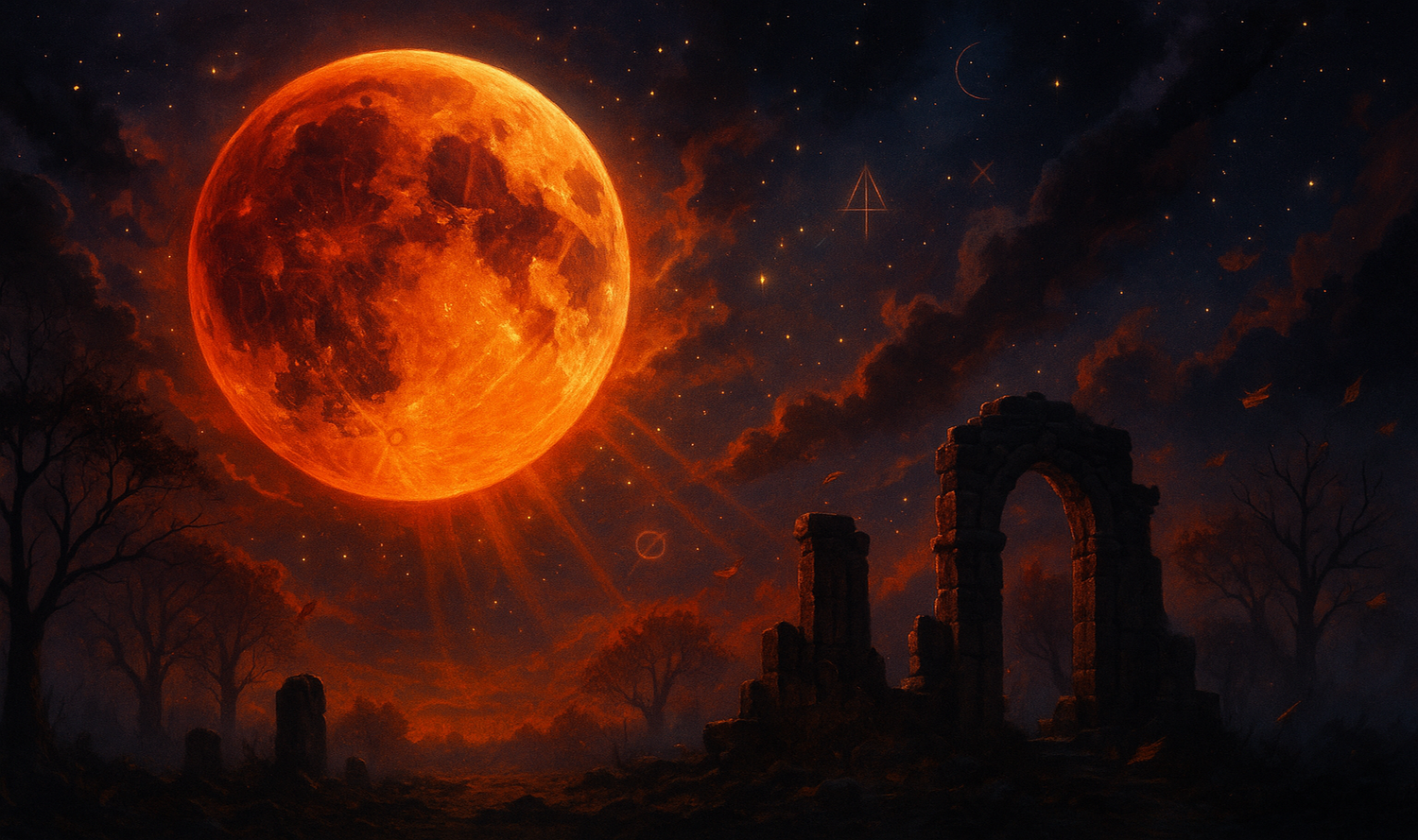 Blood Moon glowing in deep crimson and orange tones. The moon hangs over a dark, enchanted landscape with silhouetted trees and ancient stone ruins.