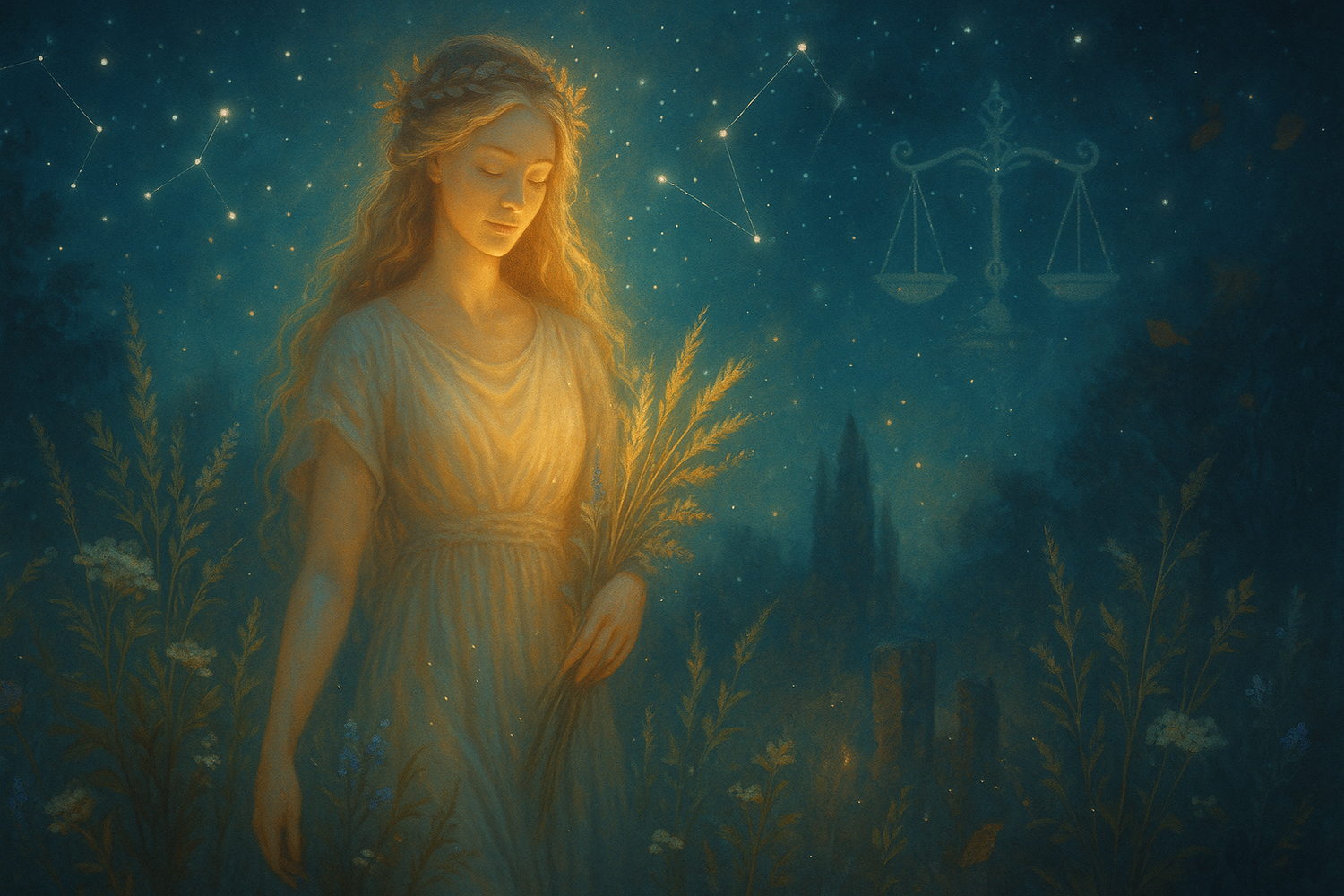 Virgo as a celestial maiden in a starlit garden. She wears a flowing gown and a crown of leaves, holding wheat stalks that glow softly.