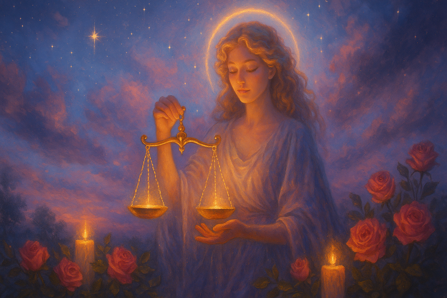 Libra as a celestial figure holding glowing golden scales under a twilight sky. The scene is bathed in soft pink, purple, and blue hues, with roses, candles, and ethereal light surrounding the figure.