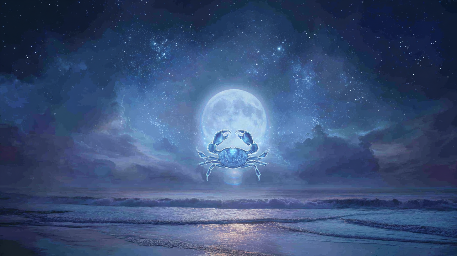 Mystical Cancer season scene with a full moon, ocean, celestial crab, and glowing pearl symbolizing intuition and emotional power.