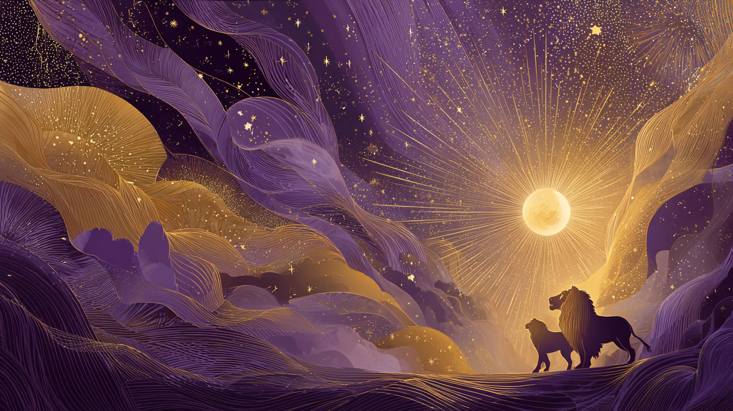 Leo the Lion against a landscape of purple clouds in yellow sunshine