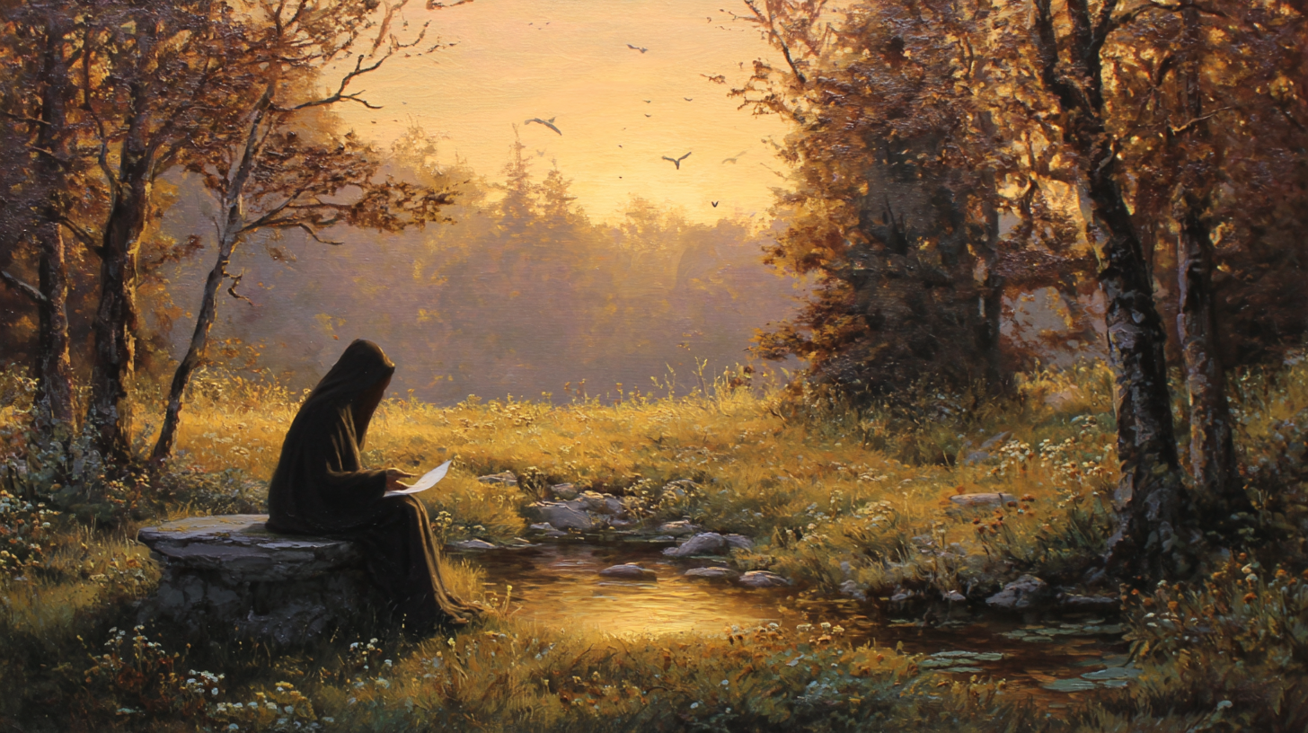 Mystical dusk scene with a cloaked woman honoring endings beside a stream, surrounded by falling leaves and soft golden light.