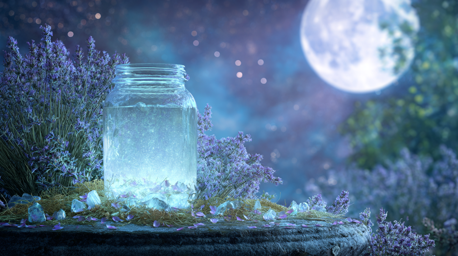 jar of water surrounded with lavender with moon in background 