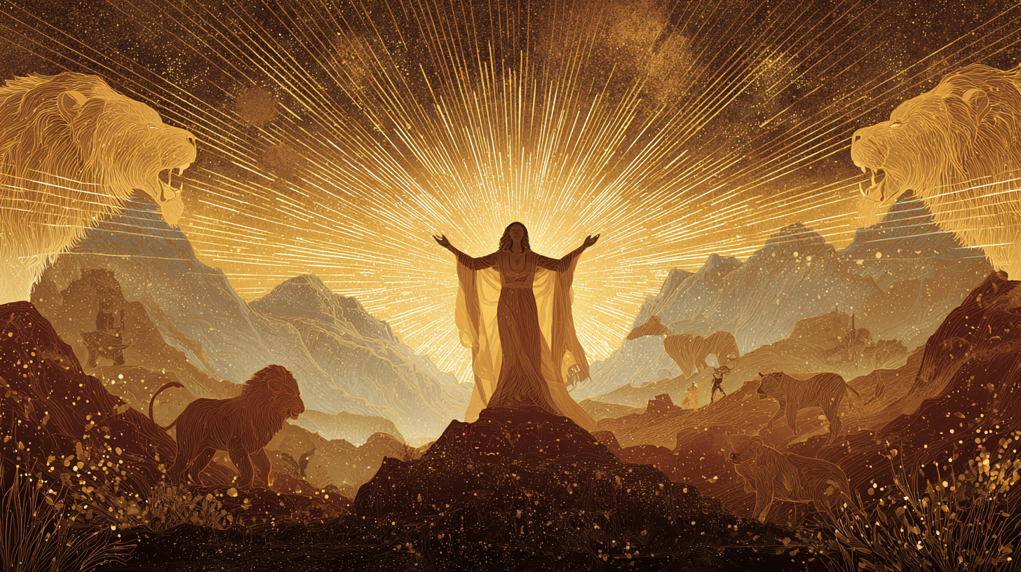 Golden figure radiating light atop a mountain, symbolizing Leo energy and spiritual self-expression.