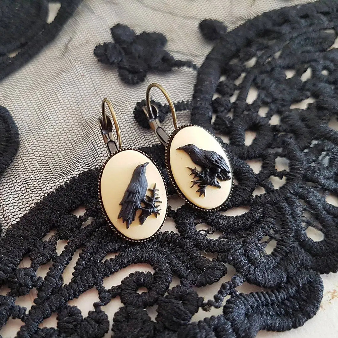 Vintage Raven Cameo Earrings